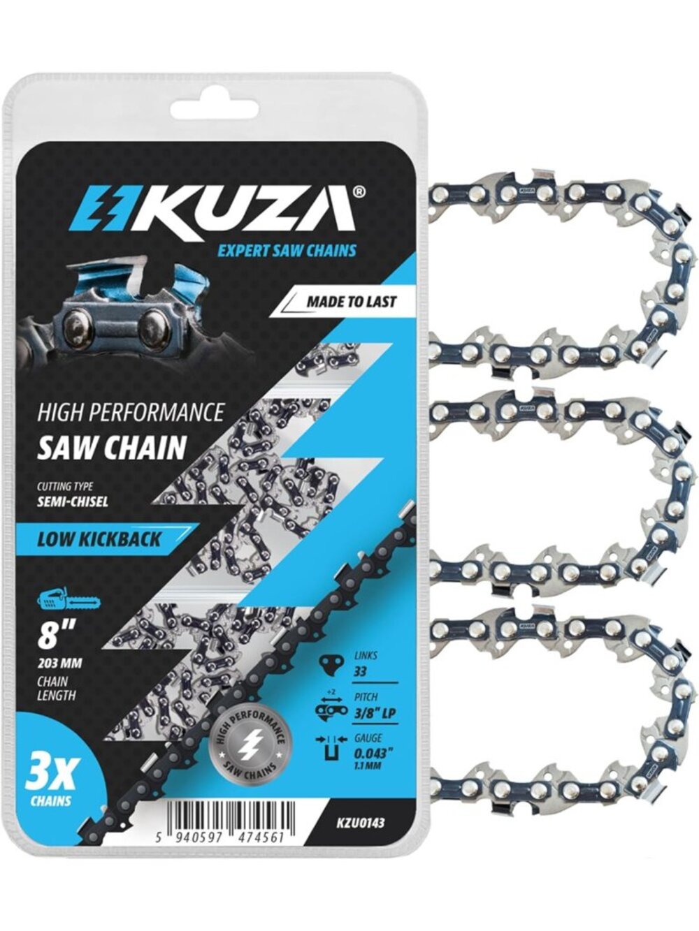 Premium 8" Chainsaw Chain 3/8" LP Pitch .043" Gauge - Fits Most Models (3 Pack)